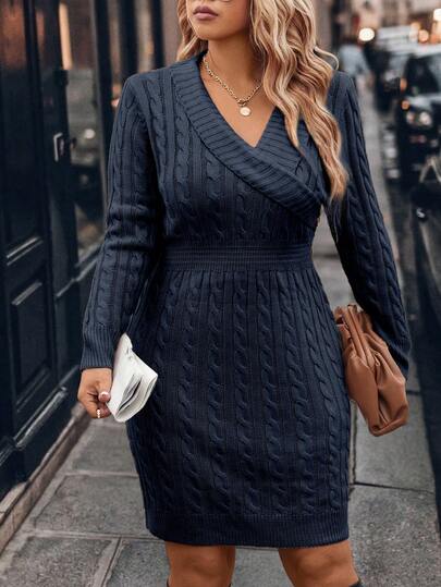 Juhart Vestido suéter formal elegante de punto con cuello en V, abotonado, ajustado y entallado, para mujer de talla grande, para otoño/invierno