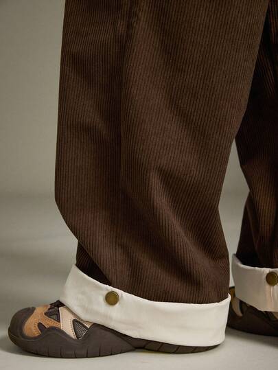 Elnivra Y2K 时尚复古棕色灯芯绒直筒休闲裤，复古美拉德高腰宽松阔腿裤，休闲度假返校秋冬装，街头时尚