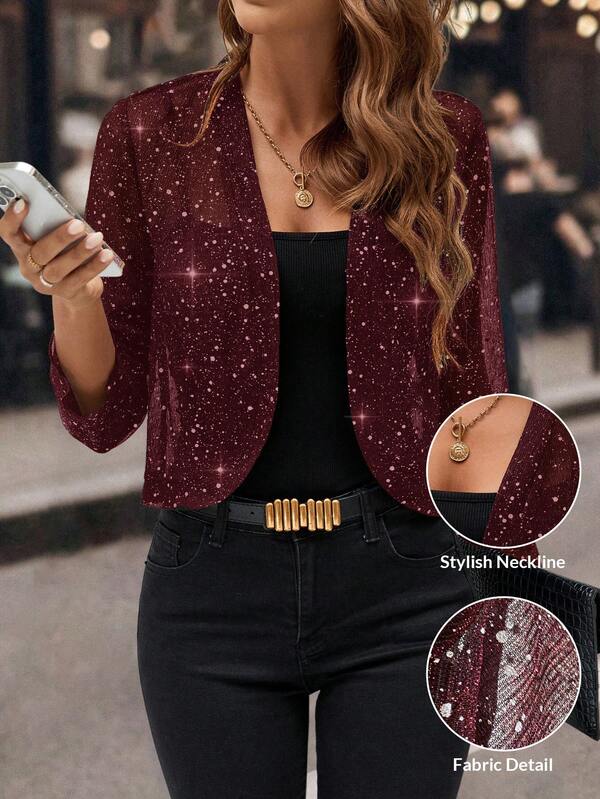 Editum Women's Autumn Shiny Long Sleeve Open Front Short Fashion Jacketfall/Winter Elegant Halloween New Year Party