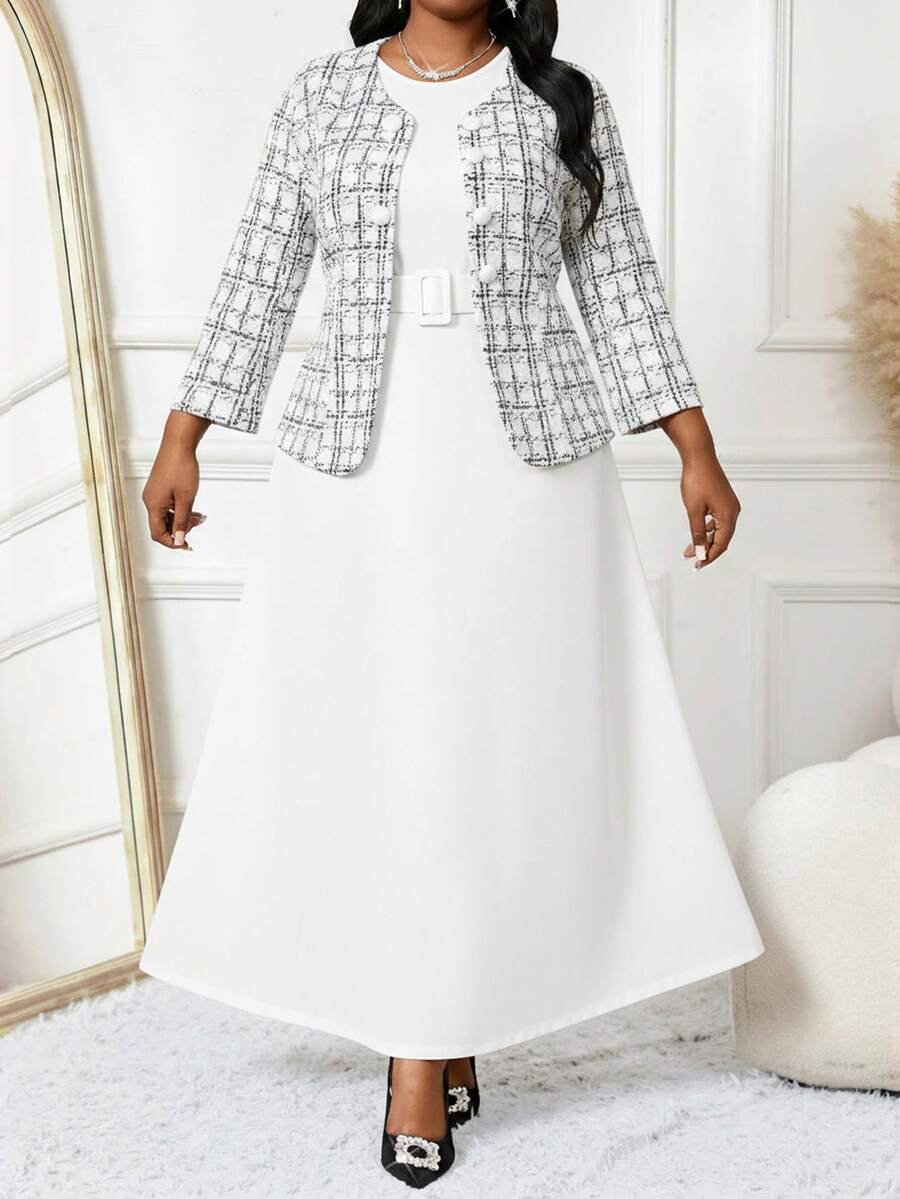 SHEIN Lady 春夏秋冬休闲优雅圆领喇叭腰带纽扣中长袖休闲优雅黑色连衣裙职业装棕色裙子黑色裙子女装套装 - 白色 - 查看 1