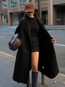 DAZY Women's Solid Color Elegant Long Sleeve Long Coat, Autumn/Winter - Black - View 5