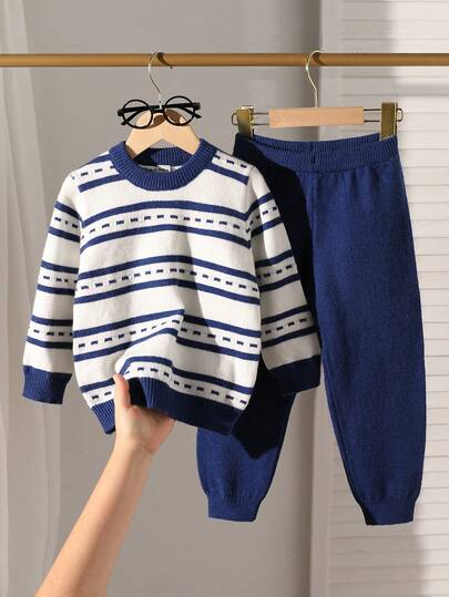 SHEIN Playful Pals 2pcs/Set Toddler Boys' Soft & Comfortable Blue & White Striped Crew Neck Sweater Top And Blue Pants Set, Suitable For Casual, Outdoor, Travel, Vacation, Home, Daycare, And Children's Play Kids Long Sleeve Summer Sets Linen Boy Clothes Set Winter Boys Autumn Winter Casual Two Piece Set Boy Two Piece Set Kids Boys Sweatshirt And Sweatpants