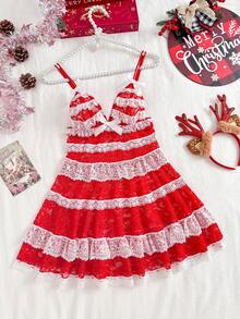 SHEIN Elegantes rot-weißes Spitzen-Layering-Lingerie-Kleid mit Bauchformung und Triangel-Cups mit tiefem V-Ausschnitt, romantisches weißes Schleifen-Nachthemd, sexy und süß, Weihnachten - Rot-Weiß - Übersicht 6