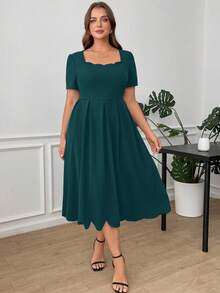 Ellevyn Plus Size Elegant Women Dress With Square Neckline And Shell Trim, Solid Color - Dark Green - View 5
