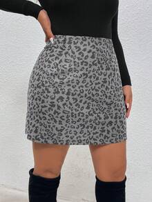 Firerie 大码女式豹纹灯芯绒印花 H 字中长裙，舒适休闲秋冬 - 灰色 - 查看 4