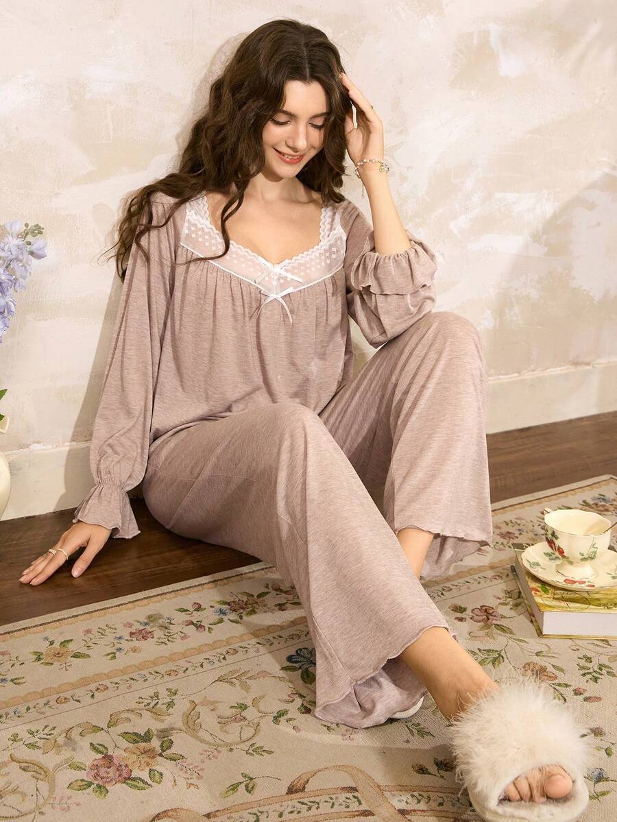 Côtesoire Women's Lace Patchwork Ruffle Cuff Pajama Set,Two Pieces Long Sleeve Sleepwear,Fall & Winter Loungewear 2 Pieces Set - Khaki - View 1
