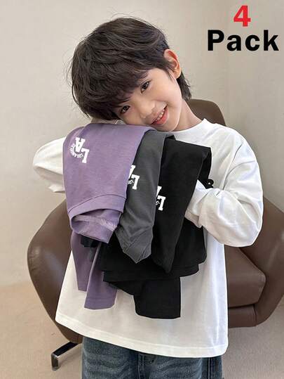 SHEIN Little Byeori 4 件儿童男童休闲韩版贴布绒面圆领宽松 T 恤，4 种款式，每种 1 种，3 件套适合学校、花园、海滩、生日、春季、夏季、秋季、冬季