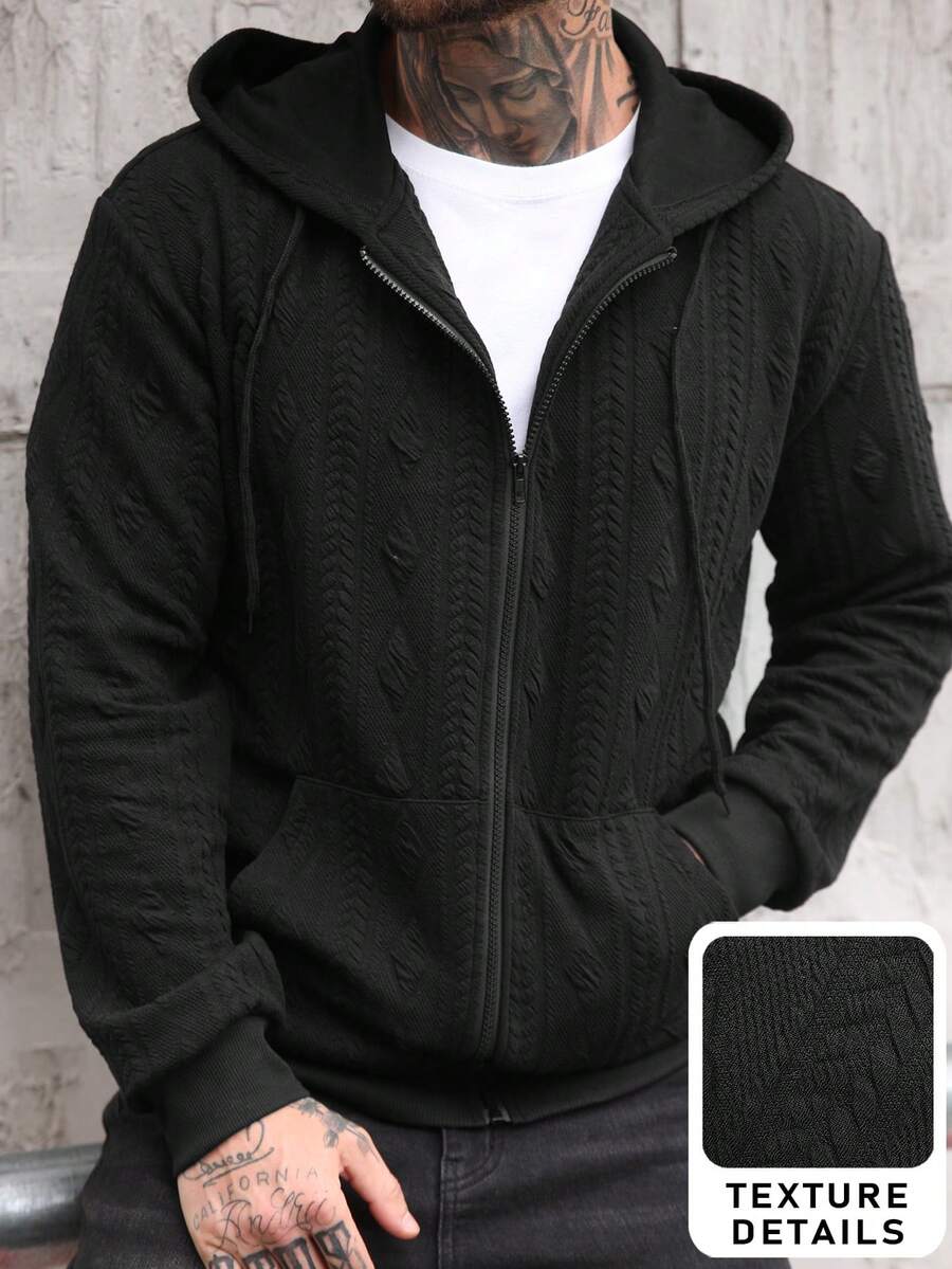 Manfinity Homme Hanorac cu glugă, texturat, cu fermoar, pentru bărbați, casual, culoare uni, top cu mânecă lungă