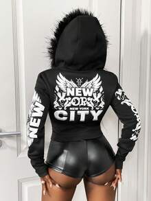 VaVaBold Women's Letter Print Long Sleeve Zip-Up Hooded Sweatshirt With Fur Collar, Fitted, Autumn/Winter Demon Slayr Night Out - Black - View 4