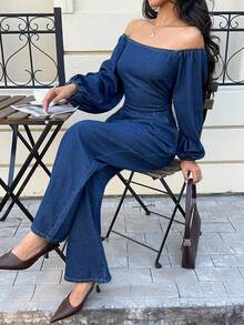 Siren Gaze 女式露肩灯笼袖阔腿口袋时尚牛仔连体裤 - 深色水洗藍 - 查看 7