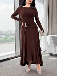 Modelyn 女士优雅通勤金属装饰连衣裙 - 咖啡棕 - 查看 4