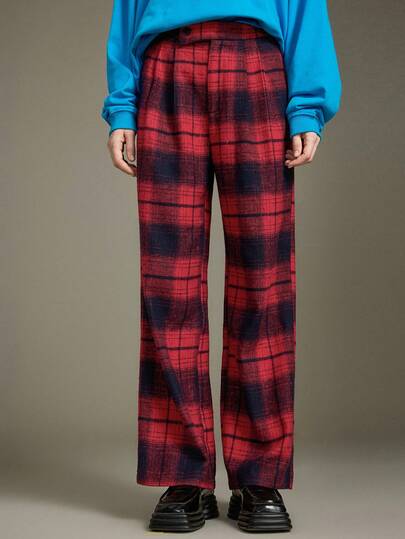 Elnivra Y2K Stylish Black And Red Check Women's Casual Plaid Straight Leg Long Pants, Autumn/Winter,Street Chic