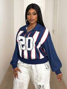 Maweii Autumn/Winter Colorblock Striped Numeric Print Casual Streetwear Pullover Sweatshirt, Loose Fit Plus Size For Young Women