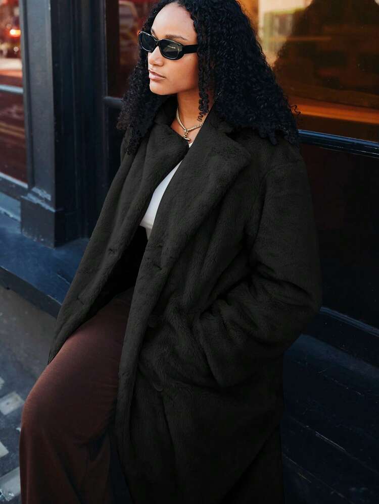 SHEIN Frenchy Drop Shoulder Double Breasted Teddy Coat In Fall/Winter Black,Fall,Fall Clothes For Women Casual - Black - View 9