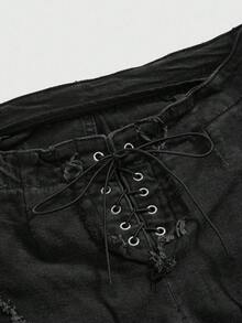ROMWE Grunge Punk Y2K 性感穿孔抽绳装饰大码紧身喇叭裤 - 黑色 - 查看 4