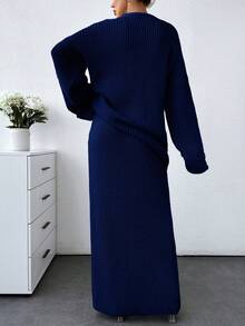 EURMUSE Plus Women Solid Color Chunky Sweater & Sweater Skirt Set - Navy Blue - View 2