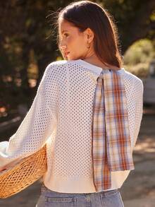 WESTFADE Crewneck Open Knit Long Sleeve Plaid Bow Tie Back Pullover Sweater Autumn, Winter, Cute , Boho, Casual, Western Wear, Country, Holiday, Thanksgiving - Multicolor - View 1