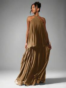 MISSGUIDED 露背分层荷叶边褶皱长裙，带有分层荷叶边细节，适合度假海滩度假村夏季派对 - 棕色 - 查看 1