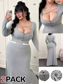 SHEIN EZwear 大尺碼女款優雅交叉領圓領長袖修身T恤與魚尾下擺裙 2件套，春/秋季 - 灰色 - 查看 1