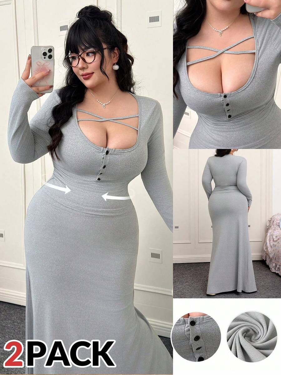 SHEIN EZwear 大尺碼女款優雅交叉領圓領長袖修身T恤與魚尾下擺裙 2件套,春/秋季 - 灰色 - 查看 1