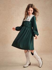 青少年女孩休闲花卉刺绣灯笼袖连衣裙 - 墨綠色 - 查看 1