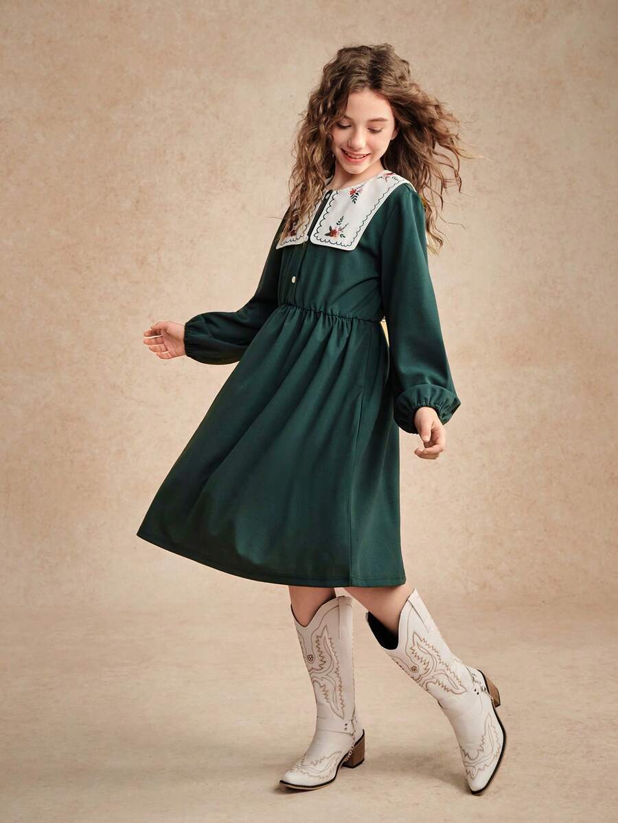 青少年女孩休闲花卉刺绣灯笼袖连衣裙 - 墨綠色 - 查看 1