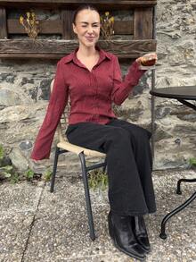 女士条纹印花简约日常长袖衬衫女士衬衫 - 酒紅色 - 查看 1