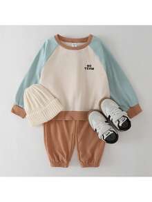 THE HAPPY LOOK 2pcs/Set Young Boy Raglan Sleeve Top And Pants, Simple And Fashionable - Brown - View 7