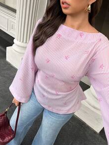 Easura Plus Size Women Heart Striped Tie Back Casual Shirt, Suitable For Valentine's Day - Pink - View 5