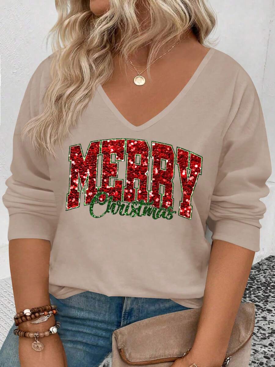 EMERY ROSE Nouveau T-shirt casual polyvalent à manches longues et col en V avec motif d'éléments de Noël, grande taille, automne/hiver pour femmes - Multicolore - Voir 1