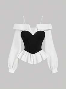 SHEIN MOD Women's Elegant Black&White Cold Shoulder Blouse, Minimalist Fashion,Casual Everyday Wear,New Years,Street Wear,Office,Long Sleeve Blouse,New Years,Elegant Top,Goth,Going Out Top, Party Top - Black and White - View 1