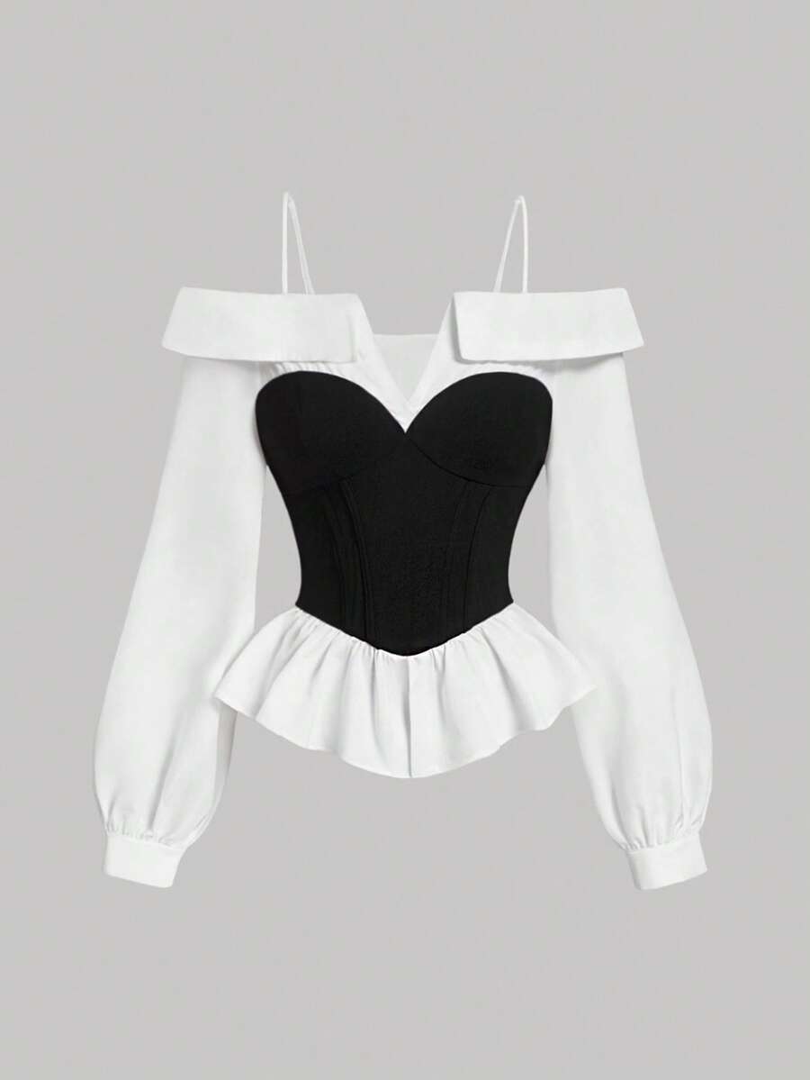 SHEIN MOD Women's Elegant Black&White Cold Shoulder Blouse, Minimalist Fashion,Casual Everyday Wear,New Years,Street Wear,Office,Long Sleeve Blouse,New Years,Elegant Top,Goth,Going Out Top, Party Top - Black and White - View 1