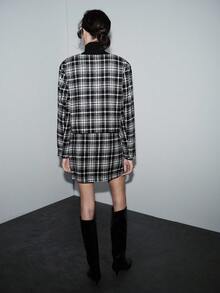 SHEIN Luminelle Women's Plaid Long Sleeve Single-Breasted Jacket And Midi Skirt Elegant 2 Pieces Set, Autumn/Winter Checkered Clothes Plaid Set Coat - Black and White - View 2
