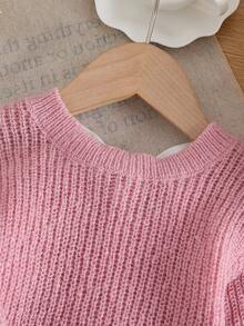 SHEIN LMoss Kids LMoss Baby Girl Color-Block Big Bow Crew Neck Form-Fitting Casual Sweater , Spring Fall - Pink - View 5