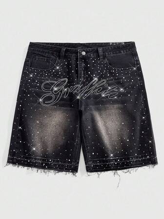 Street Life Men's Summer Casual Rhinestone Washed Frayed Edge Slant Pocket Denim Shorts