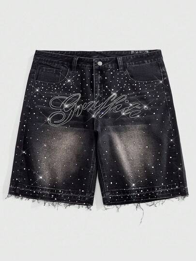 Street Life Men's Summer Casual Rhinestone Washed Frayed Edge Slant Pocket Denim Shorts