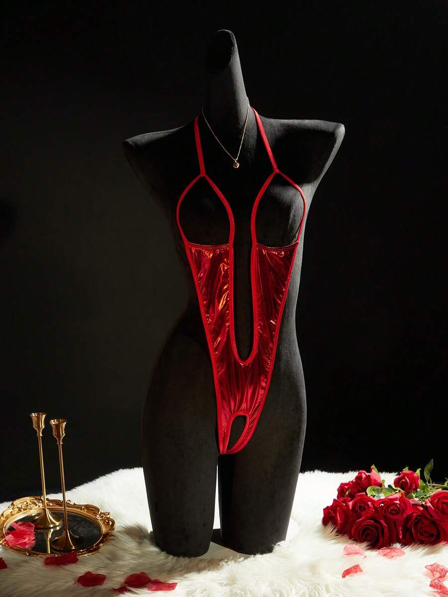 SpicyHot Body feminino vermelho brilhante e refletivo, ultra sexy, modelador, sem costas, com abertura na virilha, charmoso, perfeito para o Natal. - Vermelho - Ver 1