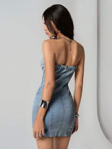 TRNVIE Women's Y2K Strapless Sexy Bodycon Denim Dress - Light Wash - View 2