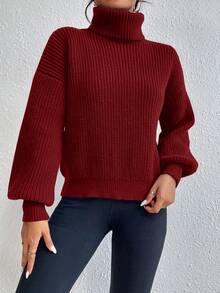 Celisse Casual Solid Color High Neck Dropped Shoulder Sweater, Autumn/Winter - Burgundy - View 4