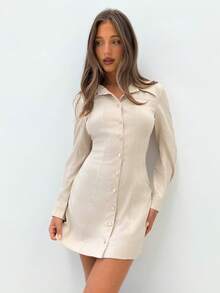 Siren Gaze New Autumn/Winter Apricot Mini Shirt Dress For Women, Fitted Waist And A-Line Silhouette, Stylish And Fashionable For Work, Elegant Dress, Nude Dress, Autumn/Winter Women's Clothing. Beige Dresses Women Button Up Dress Casual - Apricot - View 4