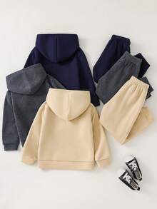 SHEIN 6 piezas Conjunto de chándal informal para niños con sudadera con capucha estampada y pantalón de chándal suelto de unicolor, 2 piezas, 3 diseños, adecuado para la escuela, el jardín, la playa, el cumpleaños, primavera, verano, otoño, invierno - Multicolor - Ver 2