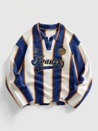 ROMWE MEN Prep เสื้อสเวตเตอร์ถักแรงบันดาลใจจากฟุตบอลปก Retro สำหรับผู้ชาย สไตล์สตรีทแวร์