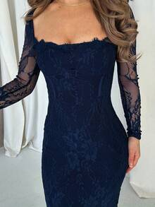Jemour Đầm Maxi Ôm Sát Cổ Vuông Ren Dài Tay Gợi Cảm Cho Nữ Dự Tiệc/Hẹn Hò/Buổi Tối, Màu Đen, Thu/Đông - Màu xanh hải quân - Xem 3