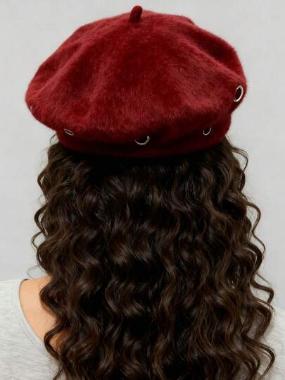 Grunge Punk 1pc Punk Style Circular Hollow Rivet Beret Hat, Y2K Round Pendant Newsboy Cap, Daily Personalized Fashion Item