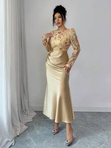 DAZY 女式花卉亮片网眼圆领长袖荷叶边优雅长款派对连衣裙 - 金色 - 查看 5