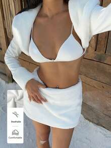 SHEIN Unity 2 piezas Conjunto casual de invierno para mujer con cuello de piel sintética esponjosa de parche blanco - Blanco - Ver 1