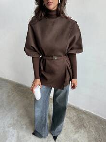 Aloruh Abrigo capa de cuello redondo de unicolor para mujer, abrigo marrón, chaleco, chaqueta sin mangas de color chocolate, estilo "Old Money", elegante para mujer, abrigo de negocios casuales, chaqueta de oficina, abrigo de invierno chic para mujer, moda para otoño/invierno - Café integral - Ver 1