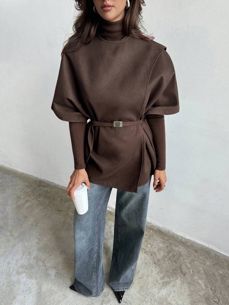 Aloruh Abrigo capa de cuello redondo de unicolor para mujer, abrigo marrón, chaleco, chaqueta sin mangas de color chocolate, estilo "Old Money", elegante para mujer, abrigo de negocios casuales, chaqueta de oficina, abrigo de invierno chic para mujer, moda para otoño/invierno - Café integral - Ver 1