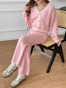 SHEIN Tween Girls Solid Pink Color Block Hem Cardigan Front Button Long Sleeve Casual Sweater And Sweater Pants 2pcs/Set