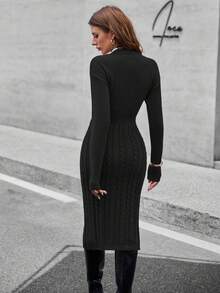 EMERY ROSE 腰部合身长开叉下摆优雅女士针织毛衣连衣裙 - 黑色 - 查看 2